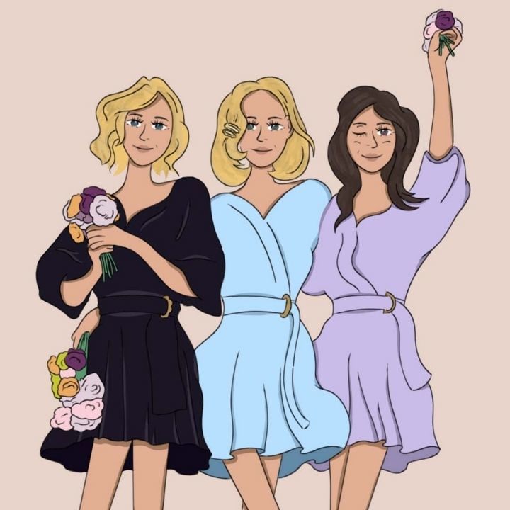 Illustration de trois filles avec des robes bleue violette et noire